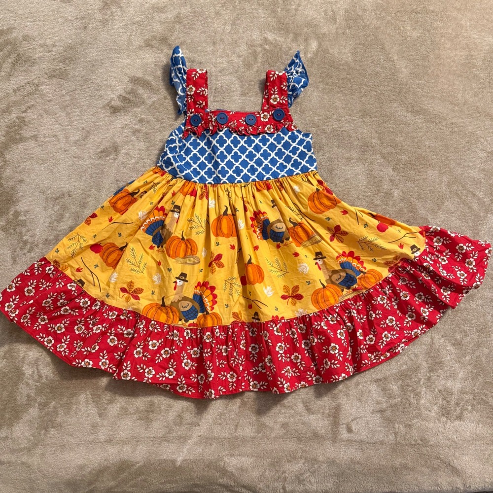 Eleanor Rose Girls Thanksgiving Turkey Pumpkin Dress Blue Yellow Red Size 4